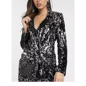 ASOS Skylar Rose Sequin Blazer Size Small Jacket Black Silver Bronx Lined Pocket